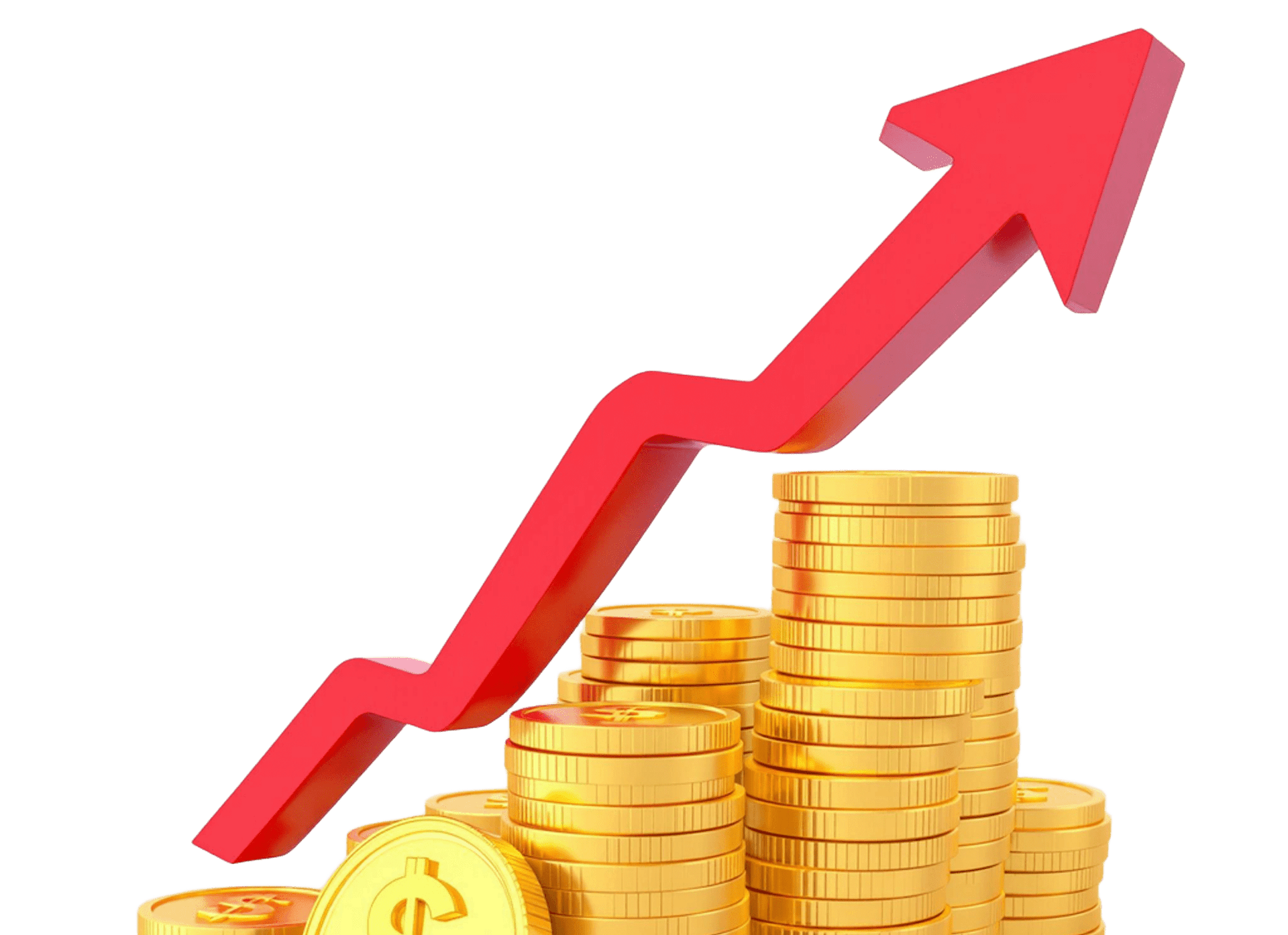 Compounding growth visualization with gold coins and upward arrow